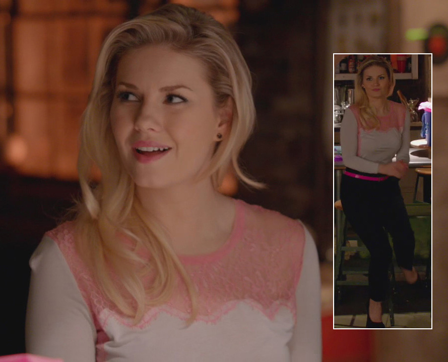 Alex’s pink lace top and hot pink belt on Happy Endings