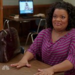Shirley’s pink striped top and leather handbag on Community