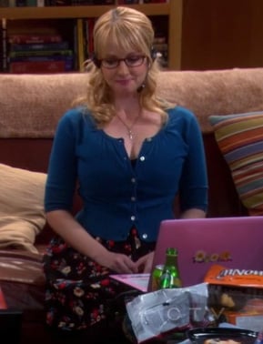 Bernadette’s black floral dress with blue cardigan on The Big Bang Theory