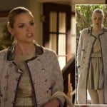 Lemon’s cream/gold bow dress and tweed coat with peter pan collar