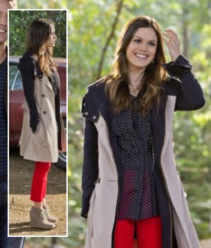 Zoe’s contrast coat, red pants, ankle boot wedges and polka dot blouse on Hart of Dixie