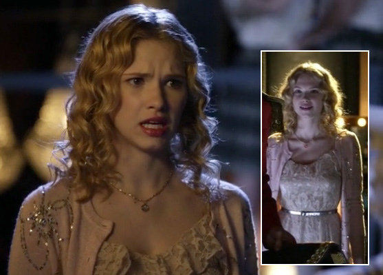 Magnolia’s peach sequin embellished cardigan over a lace dress and metallic belt on Hart of Dixie
