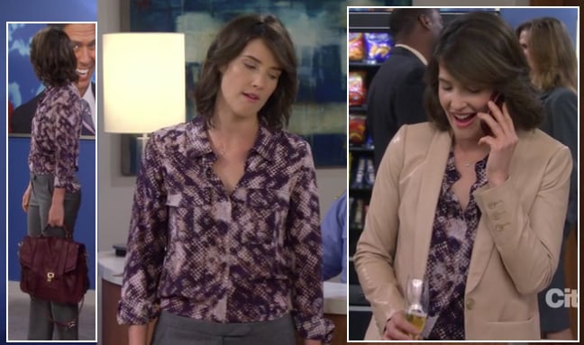 Robin’s purple patterned blouse and red satchel handbag on How I Met Your Mother