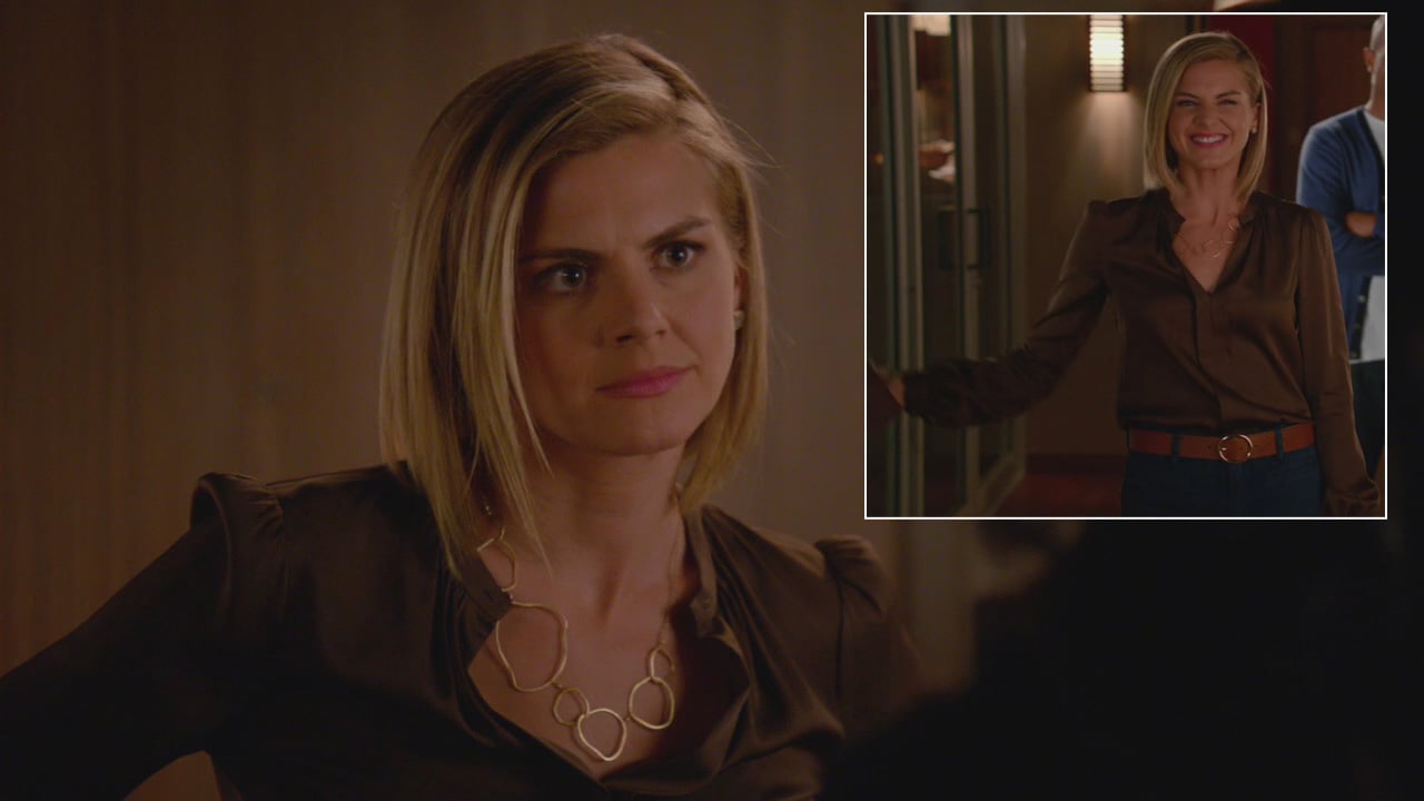 Jane’s brown silky blouse and gold link necklace on Happy Endings