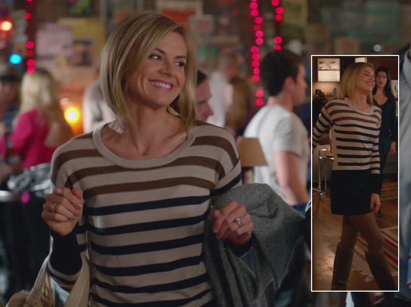 Jane’s cream, navy and brown striped sweater on Happy Endings