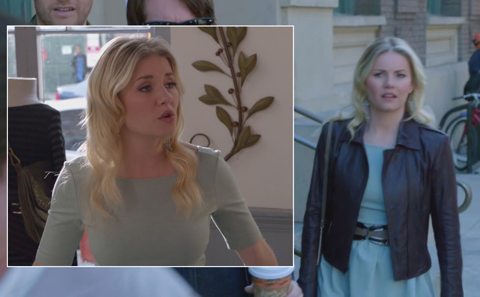 Alex’s mint green dress with brown leather jacket on Happy Endings