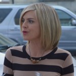 Jane’s cream and black top with bead necklace on Happy Endings