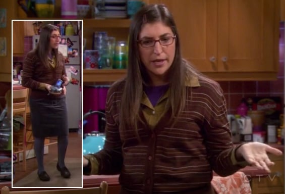 Amy’s brown striped cardigan, grey skirt and tights with loafers on The Big Bang Theory