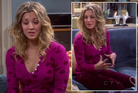 Penny’s pink longsleeve top with red pants on The Big Bang Theory