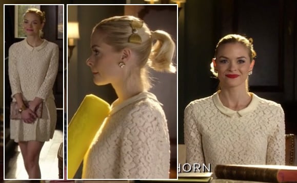Lemon’s cream lace top worn with matching skirt and gold hair bow on Hart of Dixie