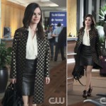 Zoe’s black and gold polka dot coat and black leather skirt on Hart of Dixie
