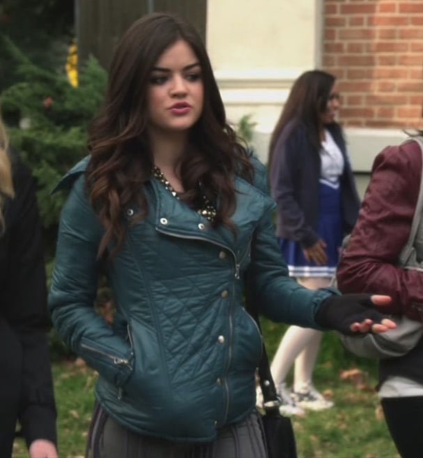 Aria’s teal blue quilted jacket on Pretty Little Liars