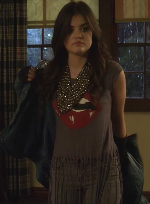 Aria’s lips print shirt with fringe and studded scarf on Pretty Little Liars