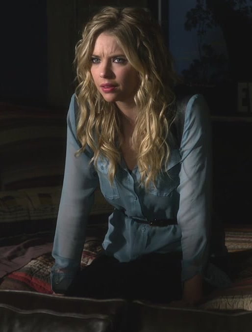 Hanna’s sheer blue longsleeve top on Pretty Little Liars