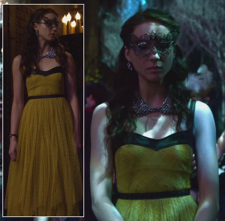 Spencer’s yellow dress at the masquerade gala on Pretty Little Liars