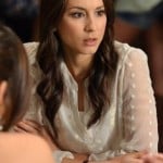 Spencer’s sheer white polka dot top on Pretty Little Liars