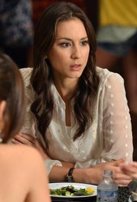 Spencer’s sheer white polka dot top on Pretty Little Liars