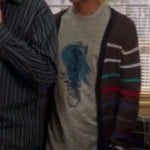 Abed’s grey shirt with blue graphic and rainbow striped cardigan on Community