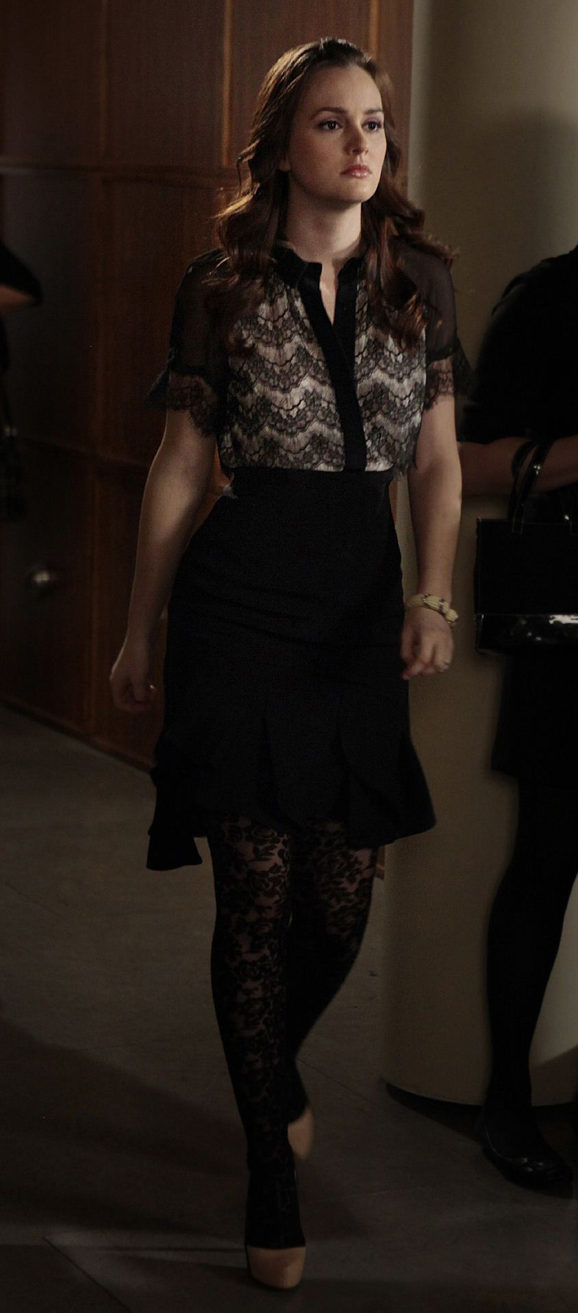 Blairs black lace tights and dress on Gossip Girl