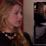 Serena’s white circle patterned skirt with grey tights and shell necklace on Gossip Girl