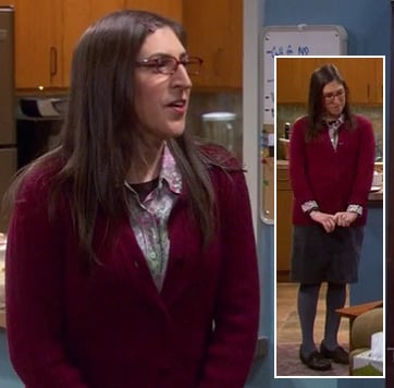 Amy’s red cardigan with grey pencil skirt and tights on The Big Bang Theory