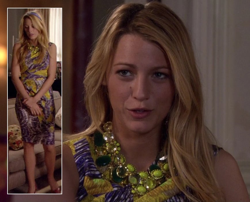 Serena’s purple and yellow dress with chunky necklaces on Gossip Girl