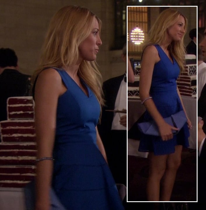 Serena’s cobalt blue dress and clutch on Gossip Girl