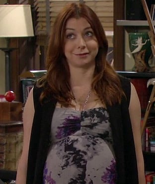 Lily’s grey, purple and black halterneck maternity maxi dress on How I Met Your Mother