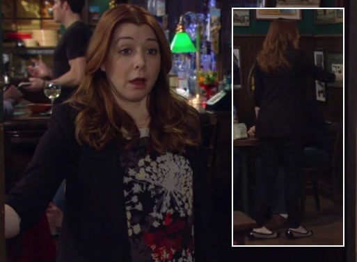 Lily’s firework/flower style top with capped flats on How I Met Your Mother