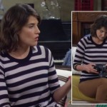 Robin’s navy striped top with watch detail worn with tan brown jeans on How I Met Your Mother