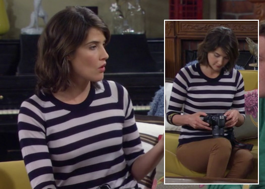 Robin’s navy striped top with watch detail worn with tan brown jeans on How I Met Your Mother