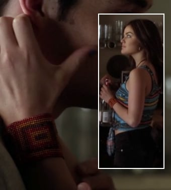 Aria’s blue aztec print tie front top, black denim shorts and red bead bracelet on Pretty Little Liars