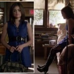 Aria’s royal blue dress with black belt and buckle boots on Pretty Little Liars