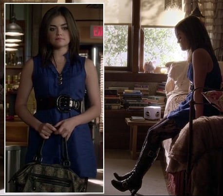 Aria’s royal blue dress with black belt and buckle boots on Pretty Little Liars