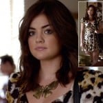 Aria’s big gold butterfly necklace and leopard print dress on Pretty Little Liars