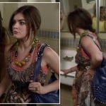 Aria’s chunky bead necklace with paisley dress and blue studded bag on Pretty Little Liars