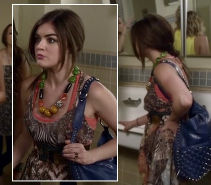 Aria’s chunky bead necklace with paisley dress and blue studded bag on Pretty Little Liars
