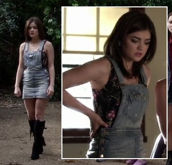 Aria’s denim overall dress on Pretty Little Liars
