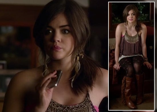 Aria’s flower print tights and top with bead details on Pretty Little Liars