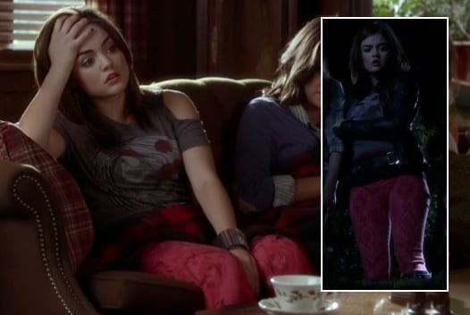 Aria’s pink patterned pants and cutout skull print shirt worn with a leather jacket on Pretty Little Liars