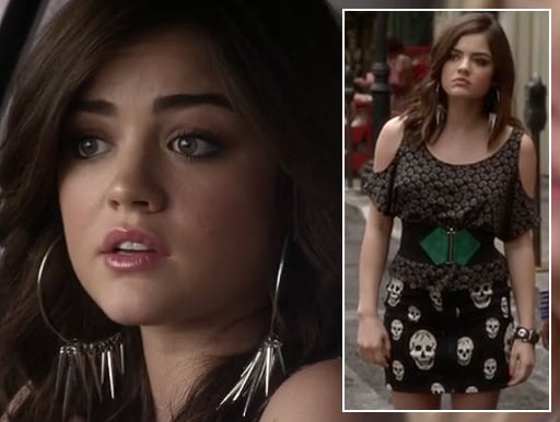 Aria’s skull print skirt and cutout top on Pretty Little Liars
