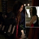 Emily’s pink and black contrast back top with striped bag on Pretty Little Liars