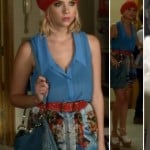 Hanna’s red knit beanie with blue sleeveless top and patterned skirt on Pretty Little Liars