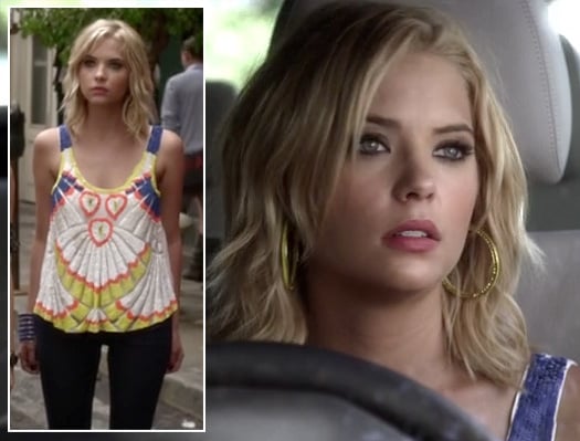 Hanna’s yellow hoop earrings and white/yellow/blue tank top on Pretty Little Liars