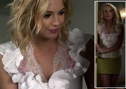 Hanna’s white ruffle top and lime green skirt on Pretty Little Liars