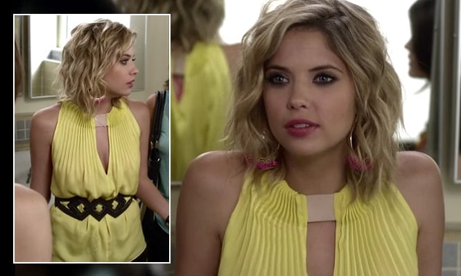 Hanna’s yellow top with diamond belt and pink hoop earrings on Pretty Little Liars