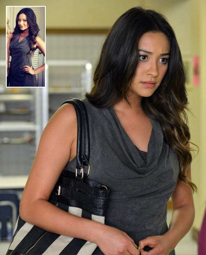 Emily’s grey cowl neck dress and striped bag on Pretty Little Liars