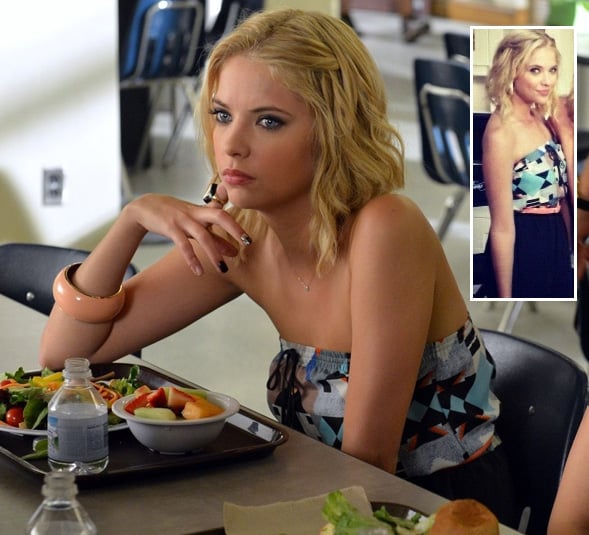 Hanna’s blue strapless geometric printed romper/dress on Pretty Little Liars