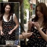 Spencer’s bird print top with red and green skinny belt on Pretty Little Liars