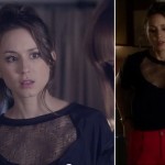 Spencer’s black top with mesh cutout and red jeans on Pretty Little Liars